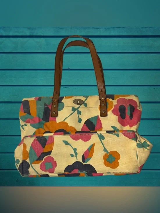 Fossil Cream Canvas Tote with Multicolor Floral Print and Brown Leather Handles - Picture 6 of 13